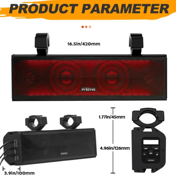 UTV/ATV 17" Bluetooth Sound Bar 4 Speaker Amplified Audio Waterproof with Multi-color Lighting for Golfcart Can Am - Image 5