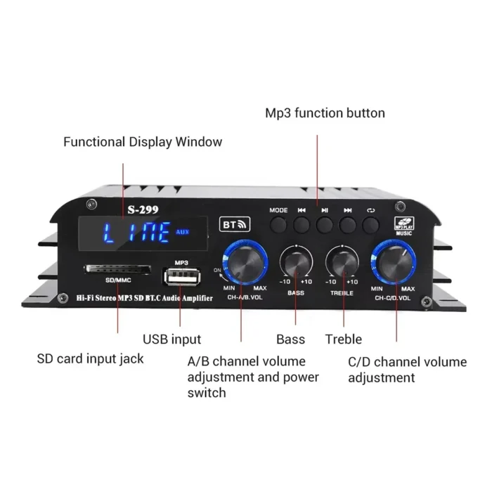 Audio Amplifier S-299 Channel-4.1 Digital AMP Bluetooth 5.0 Rated Power 40Wx4 with Remote for Home Theater Car RVs steamboat - Image 4