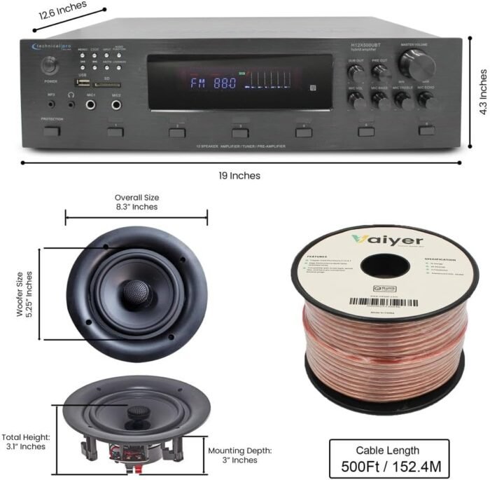 Vaiyer Home Theater System Kit, 6K Bluetooth Amplifier with 6000 Watts 5.25 inch, 12 x 175W Wall Without Frame and Surround Sound System - Image 6
